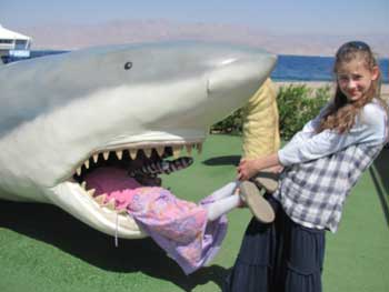 eilat holidays - girl climbing into shark model in the playground of the Eilat underwater observatory